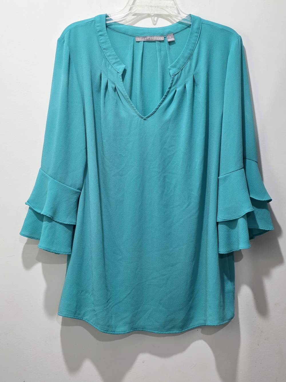 Valerie Stevens Turquoise V-Neck Blouse with Ruffle Sleeves
